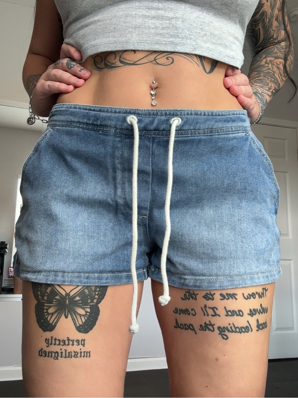 Vanilla Star Light Blue Drawstring Denim-Look Shorts